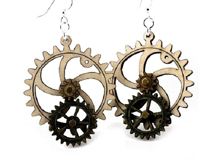 Kinetic Gear Earrings 5001A featuring moving gears, made from sustainable wood in natural wood, apple green, and tan colors.