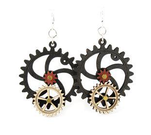 Kinetic Gear Earrings 5001B featuring moving gears, made from sustainable wood in black satin, natural wood, and cherry red colors.