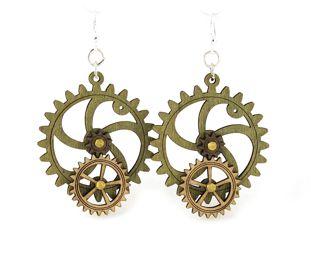 Kinetic Gear Earrings 5001C featuring moving gears in apple green, tan, and black satin, made from sustainably sourced wood.