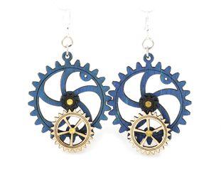 Kinetic Gear Earrings 5001D featuring moving gears in royal blue, natural wood, and black satin, designed for style and essential oil diffusion.