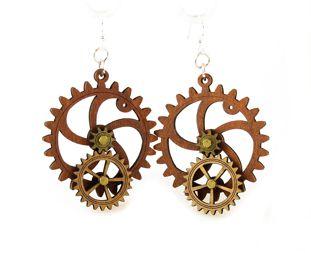 Kinetic Gear Earrings 5001E featuring moving gears, made from sustainably sourced wood in cinnamon, tan, and apple green colors.