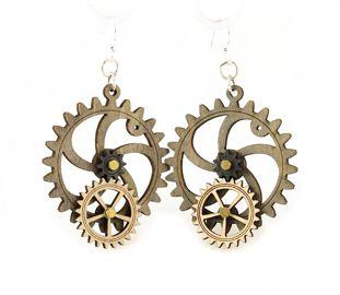 Kinetic Gear Earrings 5001G featuring moving gears, made from sustainably sourced wood with a gray, natural wood, and black satin finish.