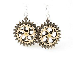 Kinetic Gear Earrings 5002C featuring moving gears, made from sustainable wood with gray and natural finish.