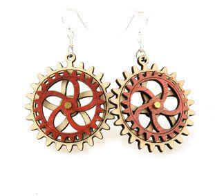 Kinetic Gear Earrings 5002F featuring moving gears, made from natural wood with a cherry red finish, and hypoallergenic stainless steel ear wires.