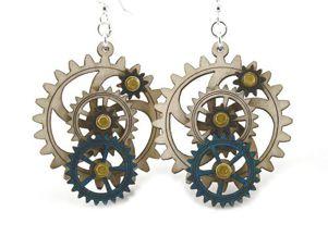 Kinetic Gear Earrings 5003A featuring intricate laser-cut wood design with moving gears in aqua marine and black satin.