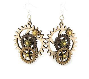 Kinetic Gear Earrings 5003B featuring moving gears, made from sustainable wood in tan, brown, and apple green colors.