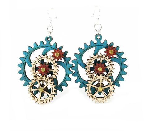 Kinetic Gear Earrings 5003C featuring moving gears in Aqua Marine, Natural Wood, and Cherry Red colors, made from sustainable materials.