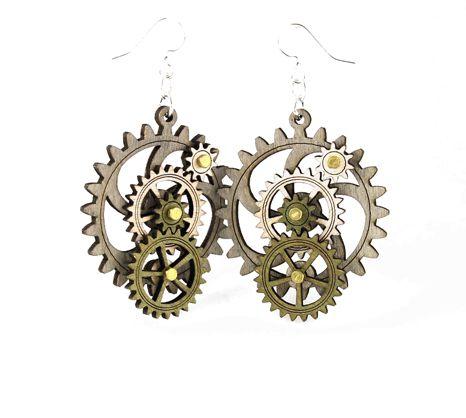 Kinetic Gear Earrings 5003D featuring moving gears, made from sustainably sourced wood in gray, apple green, and natural wood colors.