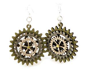 Kinetic Gear Earrings 5004B featuring moving gears, made from sustainably sourced wood in apple green, gray, and natural wood colors.