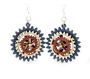 Kinetic Gear Earrings 5004D featuring moving gears in royal blue, natural wood, and cherry red, made from sustainable materials.