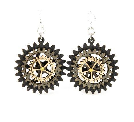 Kinetic Gear Earrings 5004E featuring moving gears, made from sustainably sourced wood with silver-finished stainless steel ear wires.