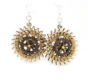 Kinetic Gear Earrings 5004F featuring moving gears, made from sustainably sourced wood in natural tan and brown colors.