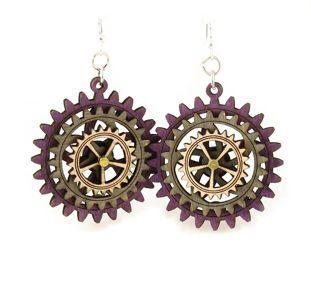 Kinetic Gear Earrings 5004G featuring moving gears, made from sustainable wood in purple, gray, and natural wood colors.