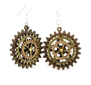 Kinetic Gear Earrings 5004I featuring moving gears, made from sustainable wood in brown, apple green, and tan colors.