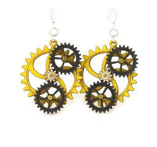 Kinetic Gear Earrings 5005C featuring moving gears, lemon yellow and black satin colors, and natural wood design.