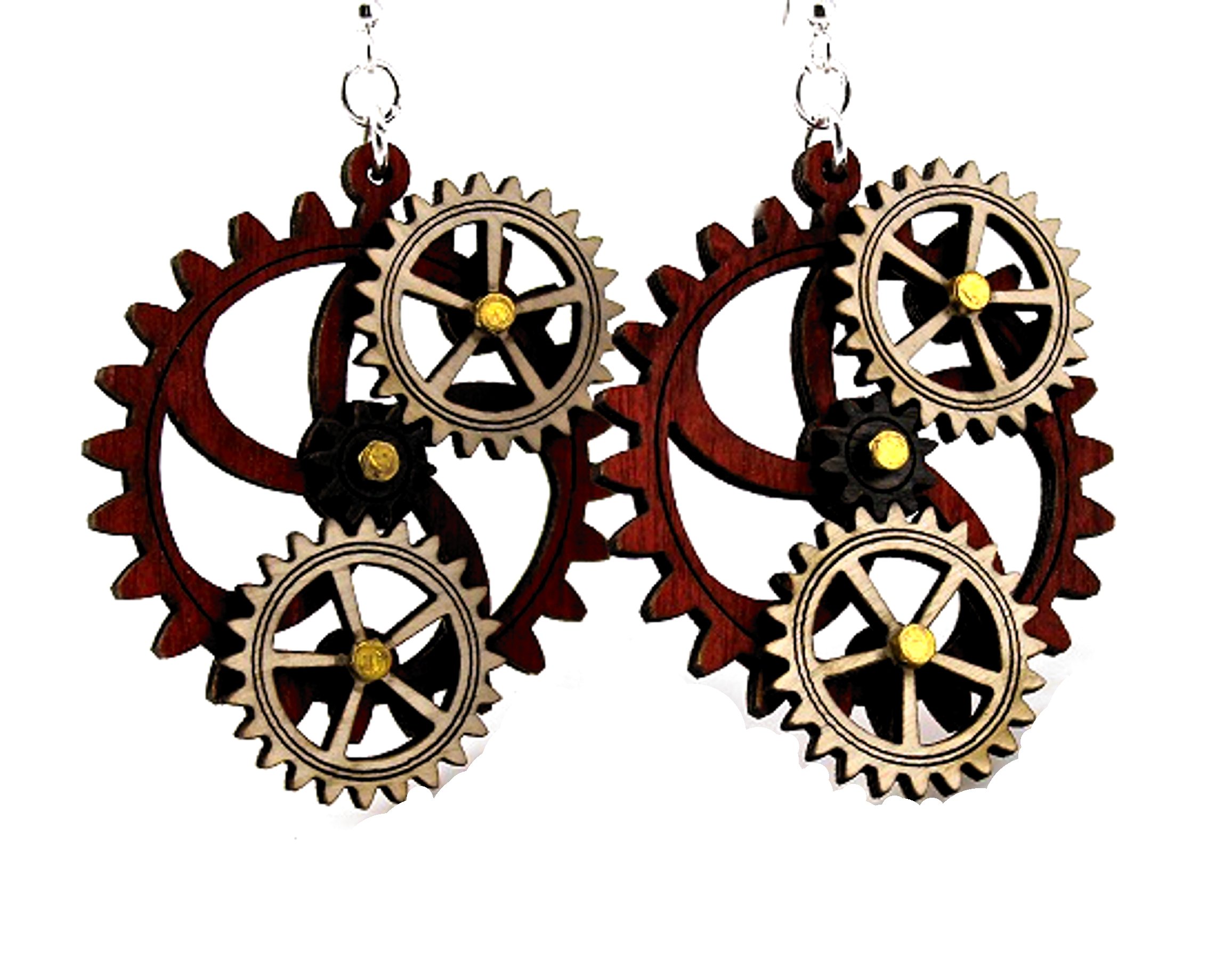 Kinetic Gear Earrings 5005D featuring moving gears, made from sustainably sourced wood in wine, natural wood, and black satin colors.