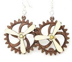 Kinetic Gear Earrings 5006A featuring moving gears, made from sustainable wood with a brown and natural finish.