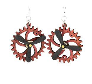 Kinetic Gear Earrings 5006D featuring moving gears in cherry red, black satin, and natural wood, designed for style and essential oil diffusion.