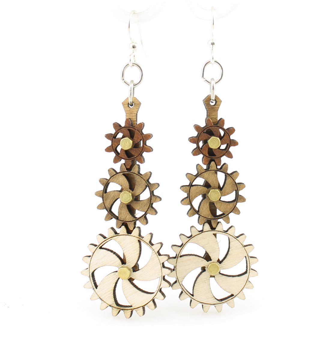 Kinetic Gear Earrings 5009A featuring moving gears, made from sustainably sourced wood in cinnamon, tan, and natural wood colors.