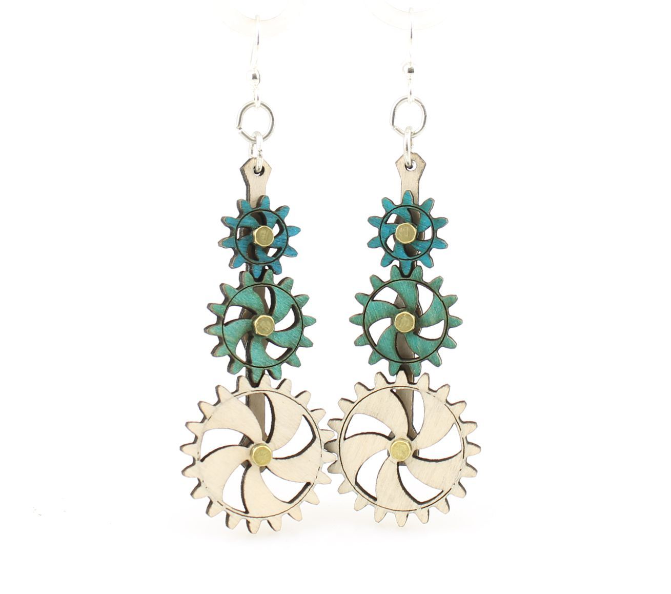 Kinetic Gear Earrings 5009B featuring moving gears, made from sustainably sourced wood in aqua marine and teal colors.