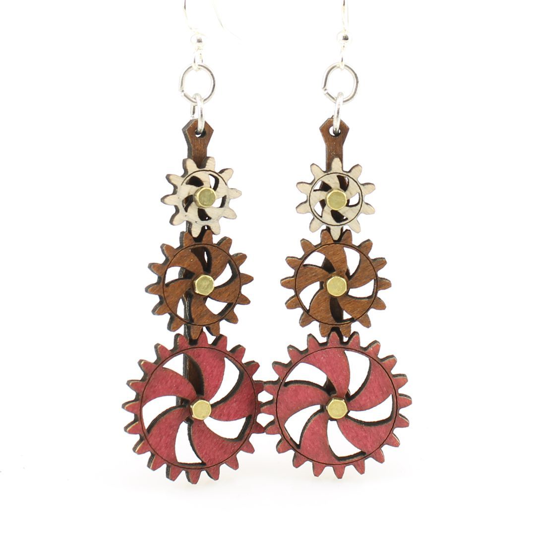 Kinetic Gear Earrings 5009C featuring moving gears, made from natural wood stained in cinnamon and wine colors, with hypoallergenic stainless steel ear wires.