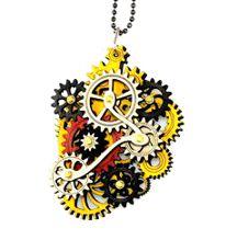 Kinetic Main Gear Necklace 6001C featuring moving gears, made from sustainably sourced wood in vibrant colors.