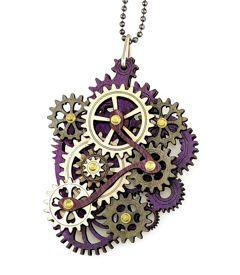 Kinetic Main Gear Necklace 6001E featuring moving gears in purple, gray, and natural wood, showcasing its unique design and craftsmanship.