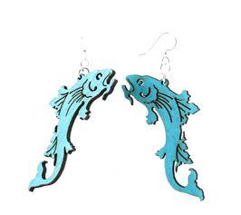 Aqua Marine Koi Fish Earrings #1003, laser-cut from sustainable wood with silver-finished hypoallergenic ear wires.