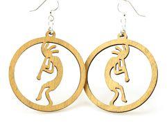 Kokopelli in a Circle Earrings featuring intricate laser-cut wood design in tan color with hypoallergenic silver-finished ear wires.