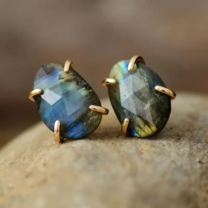 A pair of handmade Labradorite stud earrings featuring iridescent semi-precious stones, perfect for bohemian style.