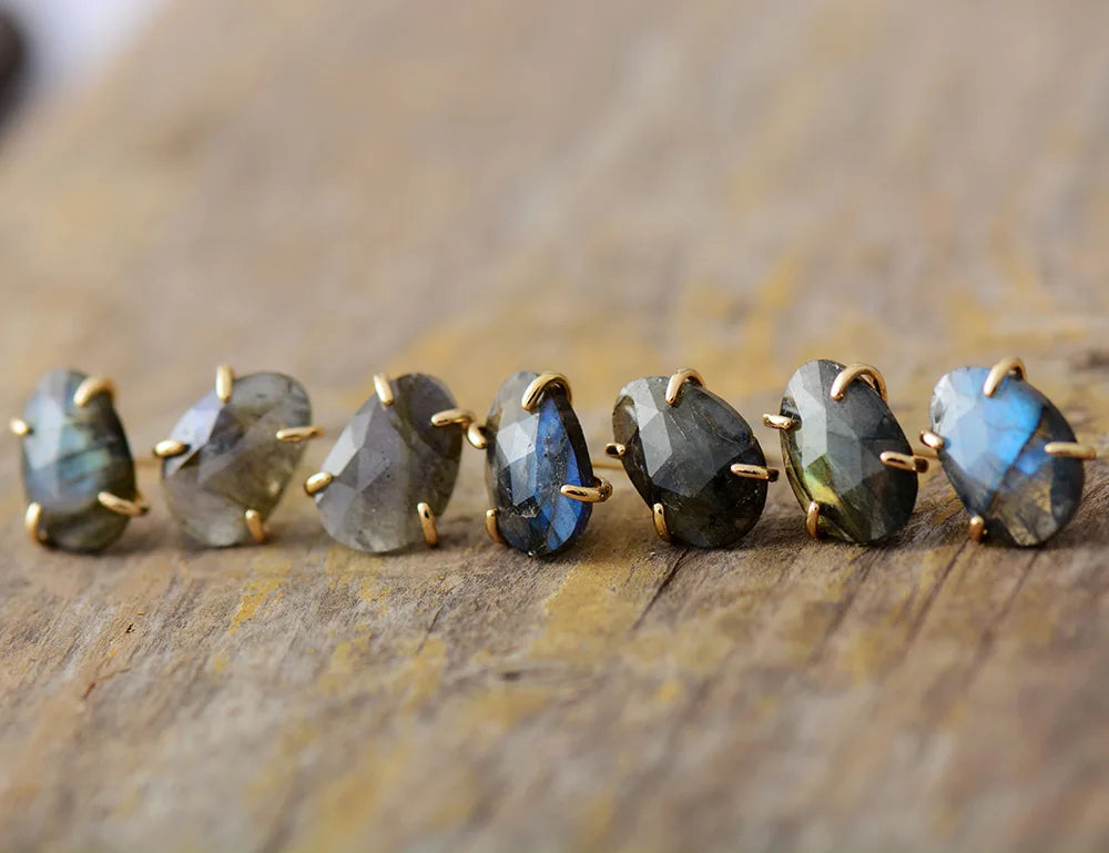 A pair of handmade Labradorite stud earrings featuring iridescent semi-precious stones, perfect for bohemian style.