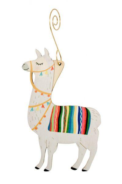 Eco-friendly Llama Ornament #9947 made from birch wood or recycled paper, featuring a charming design and glossy finish.