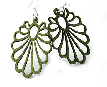 Large Flower Earrings #1143 in Apple Green, made from sustainably sourced wood with silver-finished stainless steel ear wires.