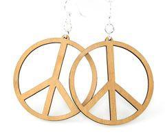 Large Peace Sign Earrings made from sustainably sourced wood, featuring a tan color finish and hypoallergenic stainless steel ear wires.