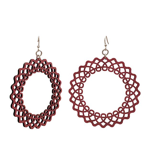 Large Wavy Earrings #T075 made from sustainably sourced wood in wine color, featuring silver-finished stainless steel ear wires.