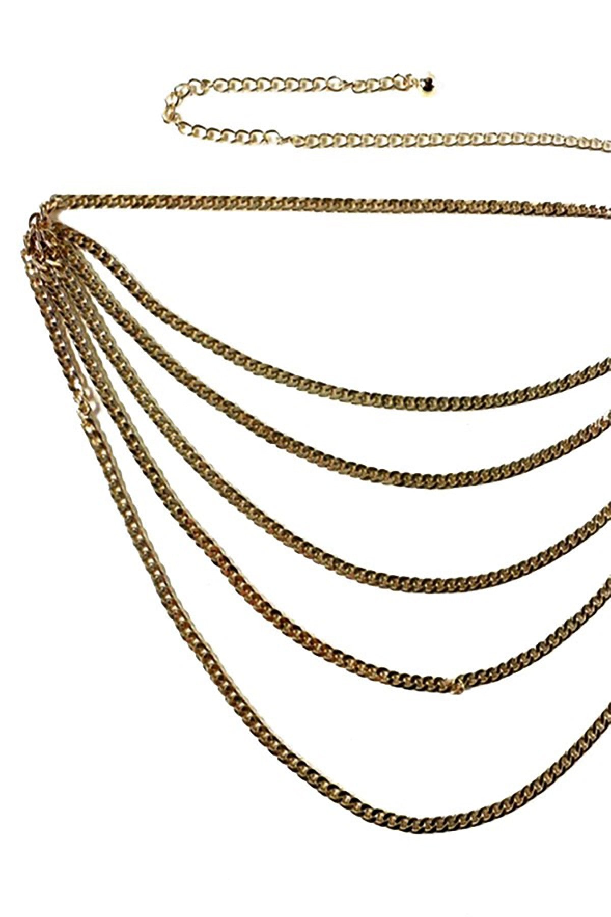 A stylish layered chain belt featuring a lobster claw clasp and an extender, perfect for enhancing outfits.