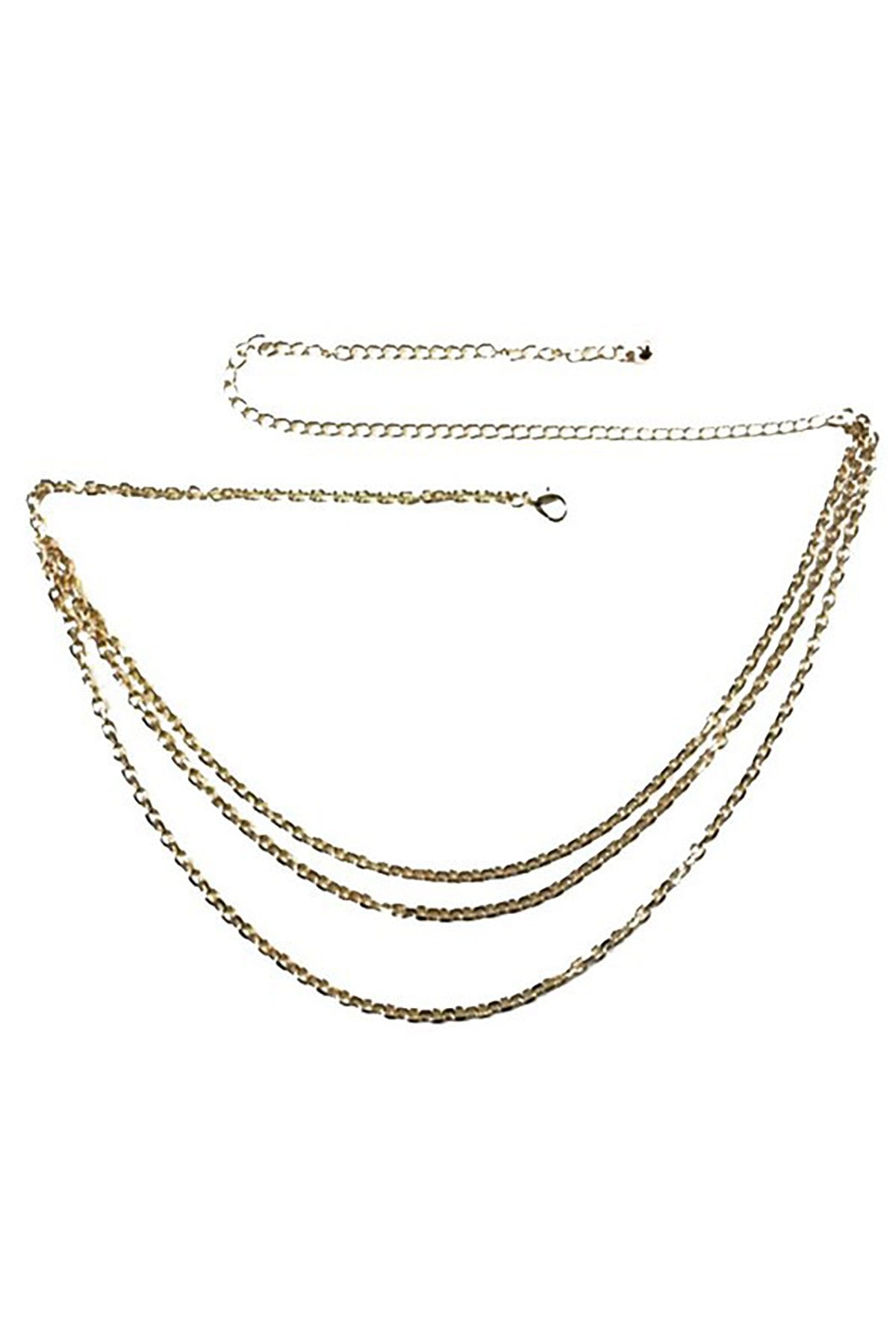 A stylish layered chain belt featuring a lobster claw clasp and an extender for adjustable length.