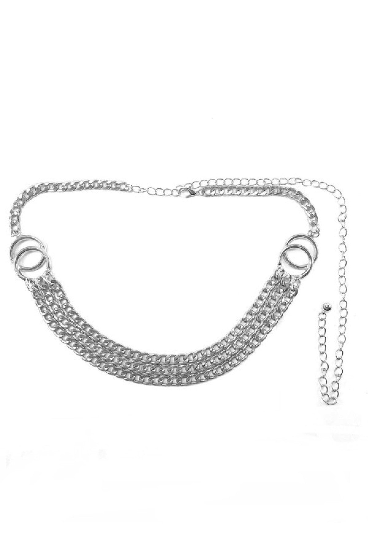 A stylish layered chain belt featuring a lobster claw clasp and an extender, perfect for enhancing outfits.