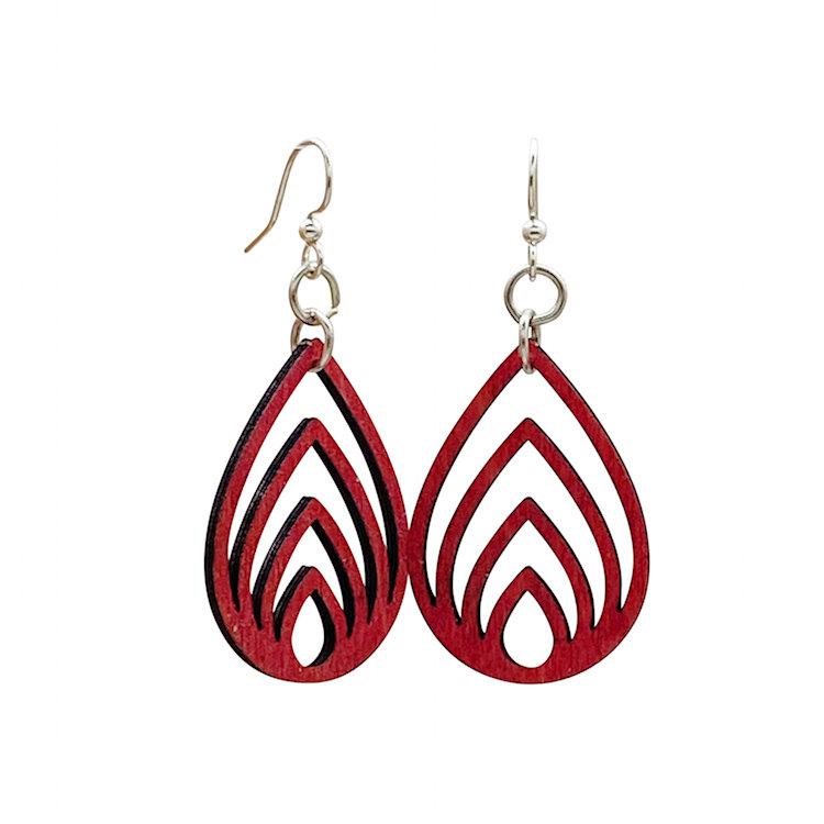 Layered Drop Earrings #1677 in Cherry Red, made from sustainably sourced wood with silver-finished stainless steel ear wires.