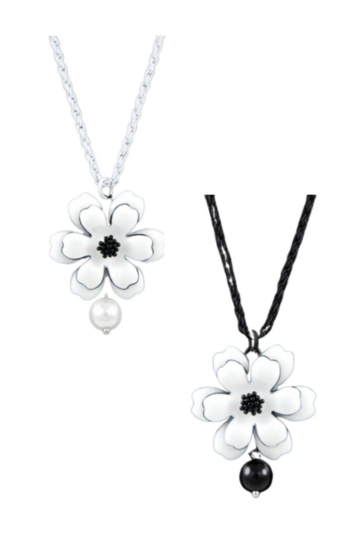 Layered flowers and pearl necklace featuring a 29-inch chain and 1.5-inch pendant, elegantly designed with floral motifs and pearl accents.