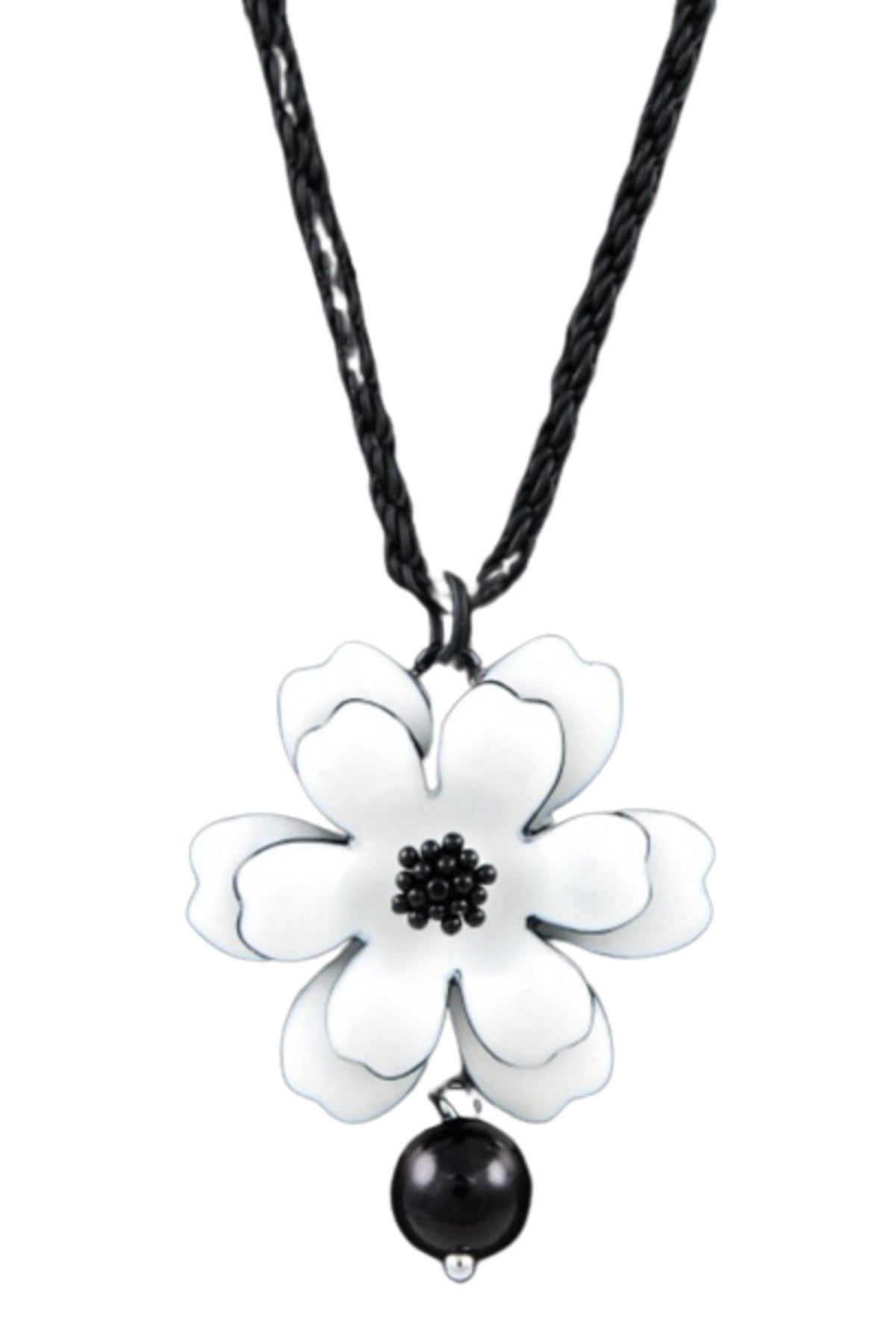 Layered flowers and pearl necklace featuring a 29-inch chain and 1.5-inch pendant, elegantly designed with floral motifs and pearl accents.