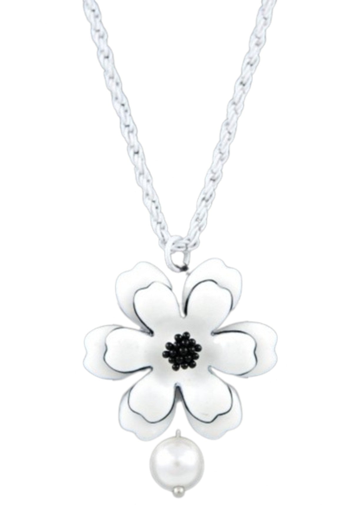 Layered flowers and pearl necklace featuring a 29-inch chain and 1.5-inch pendant, elegantly designed with floral motifs and pearl accents.