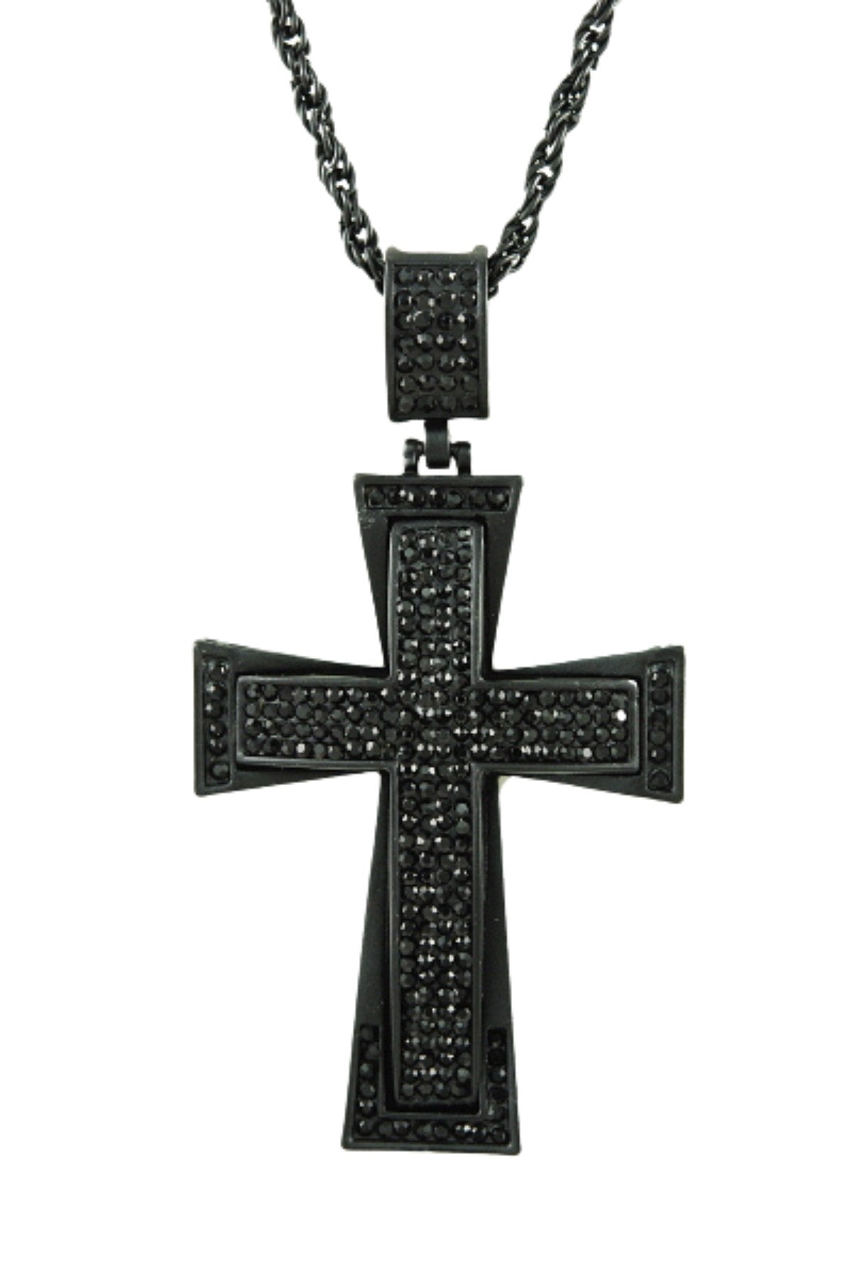 Layered stud cross pendant necklace with a 28-inch chain and a 3 1/4-inch drop pendant, featuring a lobster claw clasp and extender.