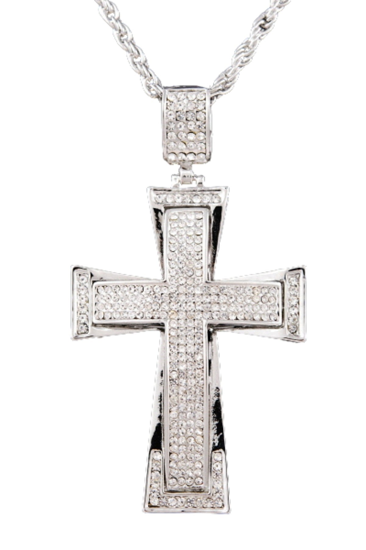 Layered stud cross pendant necklace with a 28-inch chain and a 3 1/4-inch drop pendant, featuring a lobster claw clasp and extender.