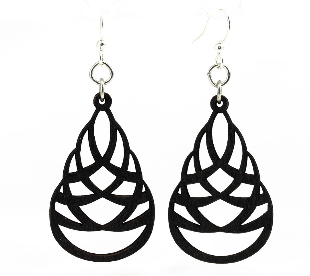 Layered Teardrop Earrings #1317 featuring intricate laser-cut wood design in Black Satin color, with hypoallergenic stainless steel ear wires.