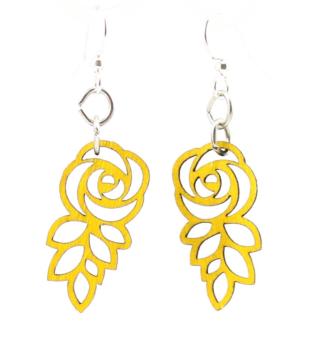 Leafed Blossom Rose Earrings in Lemon Yellow, featuring laser-cut wood design and silver-finished stainless steel ear wires.