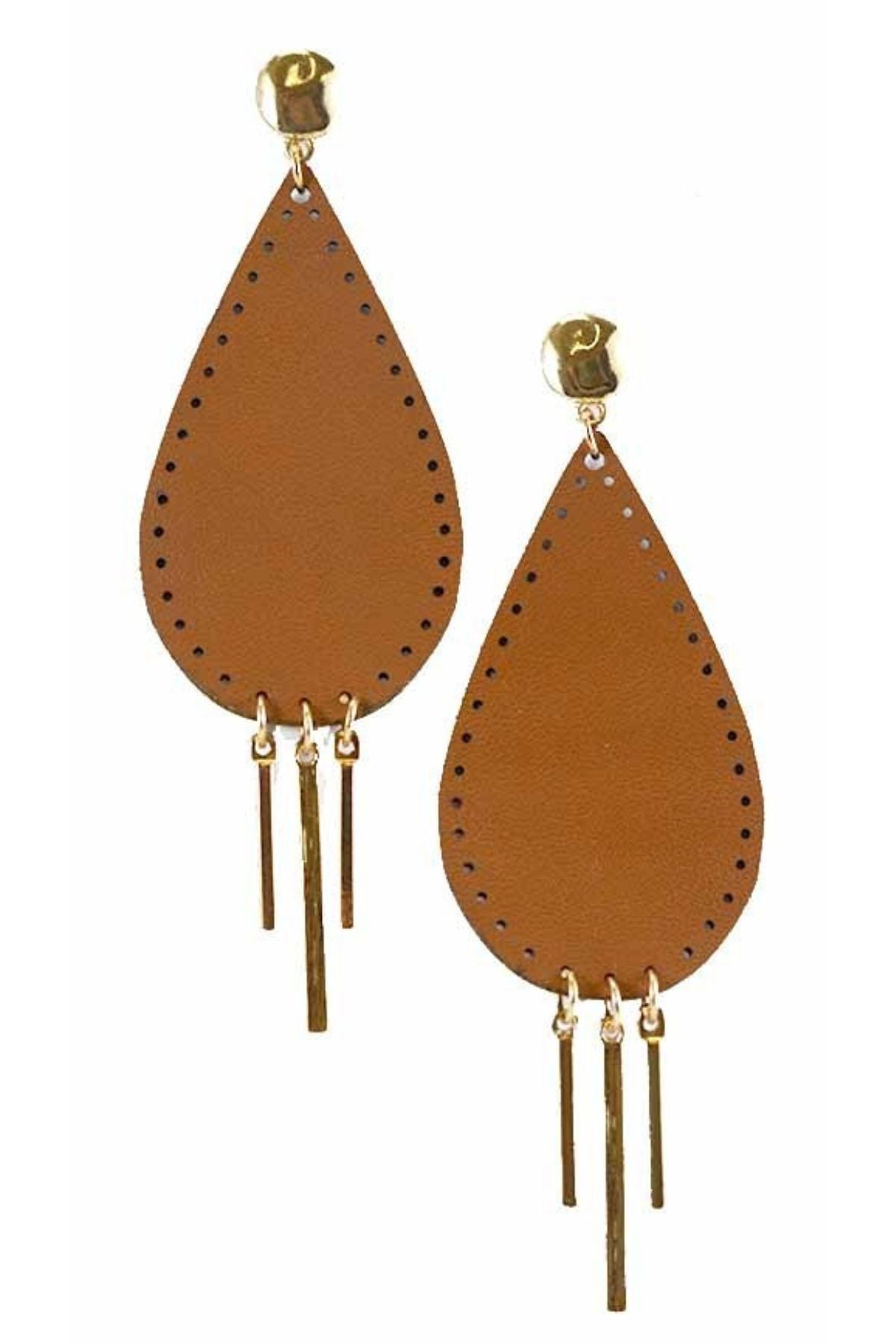 Stylish faux leather teardrop earrings with bar dangle, showcasing a modern design.