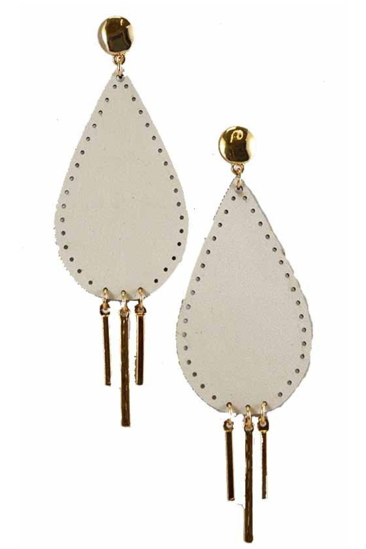 Stylish faux leather teardrop earrings with bar dangle, showcasing a modern design.