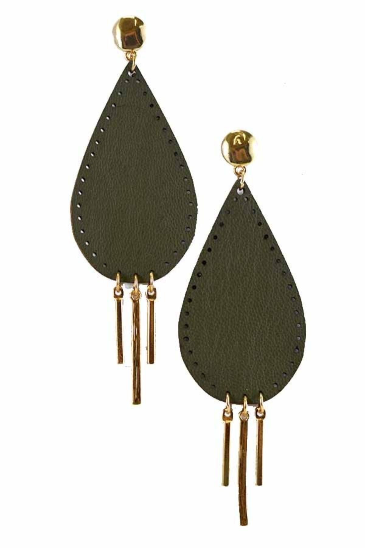 Stylish faux leather teardrop earrings with bar dangle, showcasing a modern design.