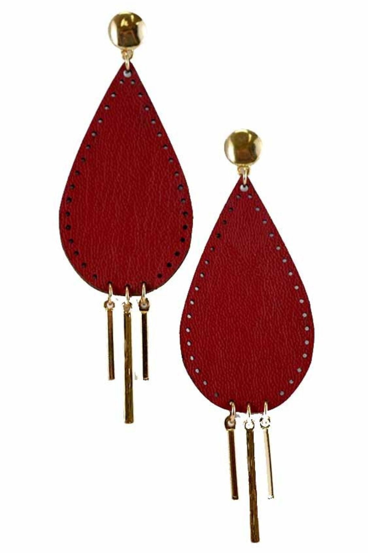 Stylish faux leather teardrop earrings with bar dangle, showcasing a modern design.